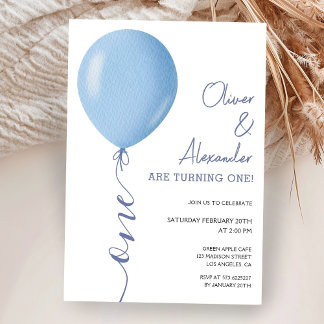 Minimalistisch Blue Balloon Twins Boys 1. Geburtst Einladung