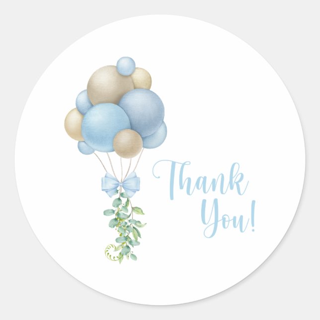 Minimalistisch Blue Balloons Boy Baby Dusche Runder Aufkleber (Vorderseite)