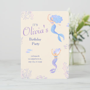 Minimalistisch Blue & Cream Girl's Mermaid Geburts Einladung