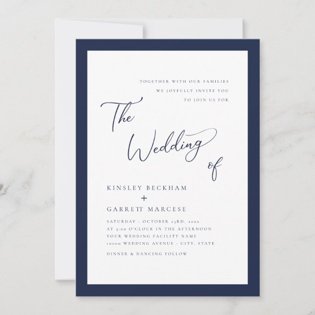 Minimalistisch Blue Elegant Script Wedding Einladung (Vorderseite)
