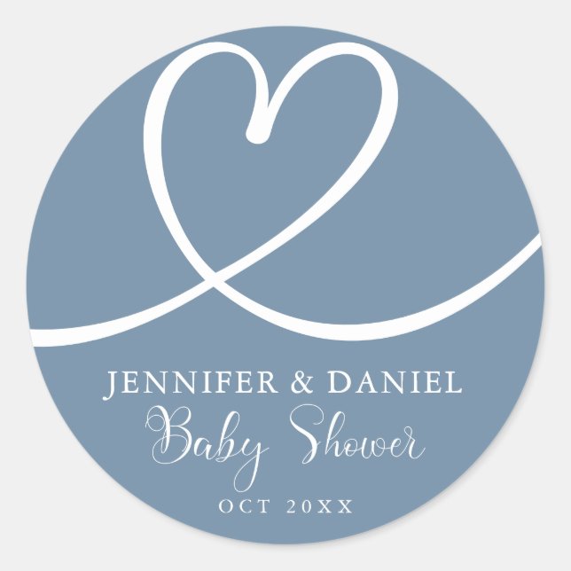 Minimalistisch Blue Elegante Heart Baby Dusche Runder Aufkleber (Vorderseite)