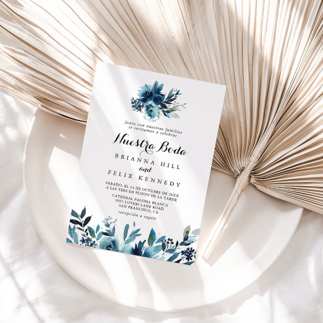 Minimalistisch Blue Floral Nuestra Boda Wedding Einladung (Von Creator hochgeladen)
