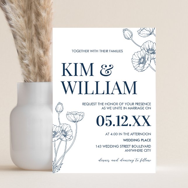 Minimalistisch Blue Floral Wedding Einladung (Blue Minimalist Floral Wedding Invitation)