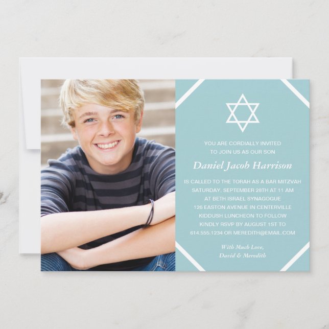 Minimalistisch Blue Foto Bar Mitzvah Einladung (Vorderseite)