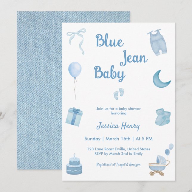 Minimalistisch Blue Jean Baby Denim Baby Shower Einladung (Vorne/Hinten)