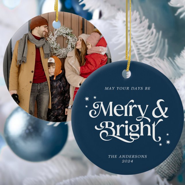 Minimalistisch Blue Merry & Bright Foto Weihnachte Keramik Ornament (Mockup view)