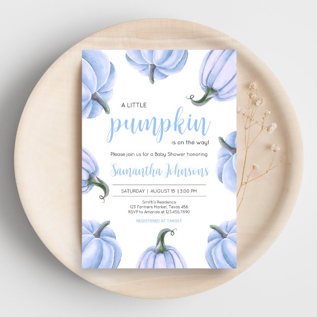Minimalistisch Blue Pumpkin Fall Baby Dusche Einladung (Blue Pumpkin Baby Shower Invitation)