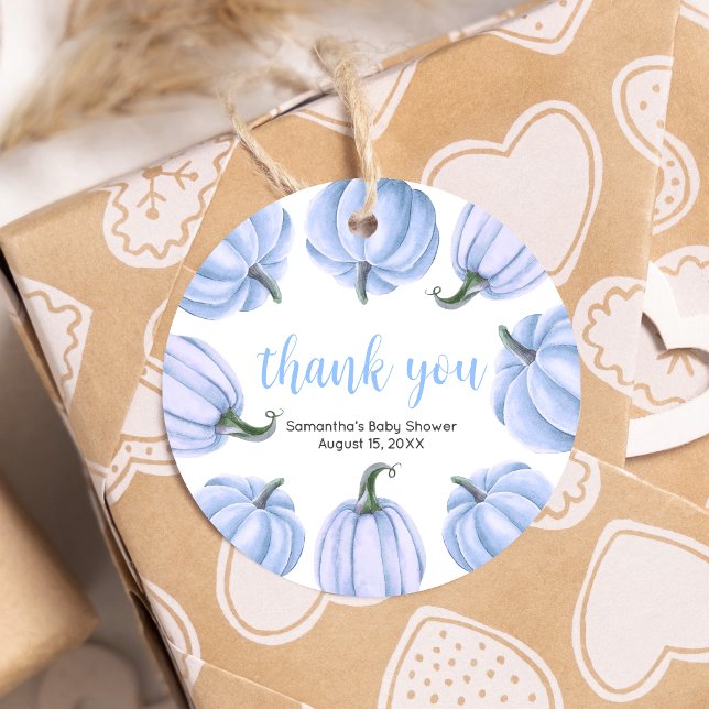 Minimalistisch Blue Pumpkin Fall Baby Dusche Runde Geschenkanhänger (Blue Pumpkin Baby Shower Round Favor Tags)