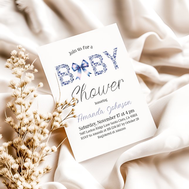 Minimalistisch Blue Toile de Jouy und Bow Baby Dus Einladung (Von Creator hochgeladen)