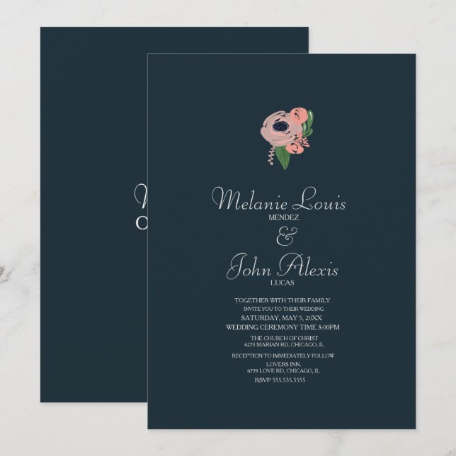 Minimalistisch Blush Pink Rose Floral Botany Hochz Einladung (Vorne/Hinten)