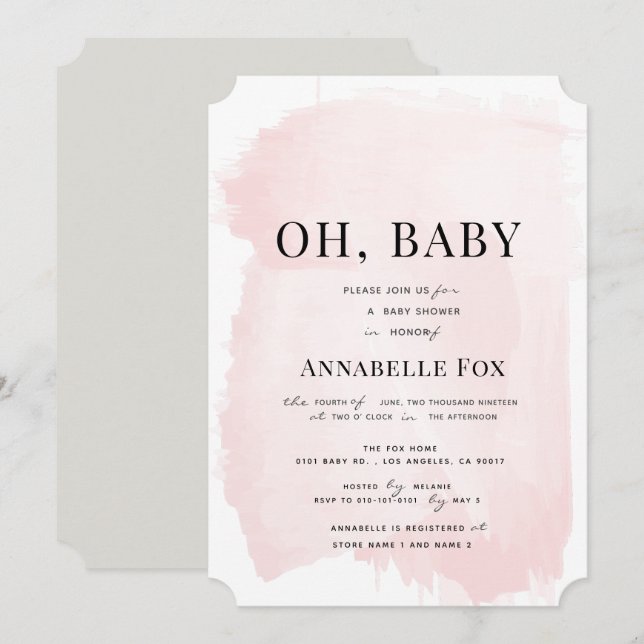 Minimalistisch Blush Pink Wasserfarbe Kinderdusche Einladung (Vorne/Hinten)
