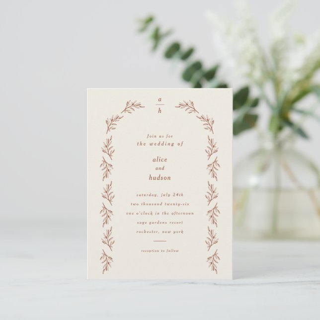 Minimalistisch Boho Arch Terracotta Wedding Postkarte (Stehend Vorderseite)