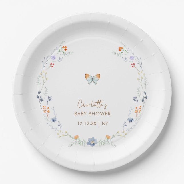 Minimalistisch Boho Butterfly Wildblume Babydusche Pappteller (Vorderseite)