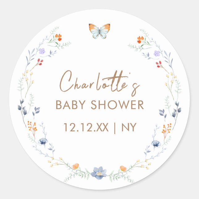 Minimalistisch Boho Butterfly Wildblume Babydusche Runder Aufkleber (Vorderseite)