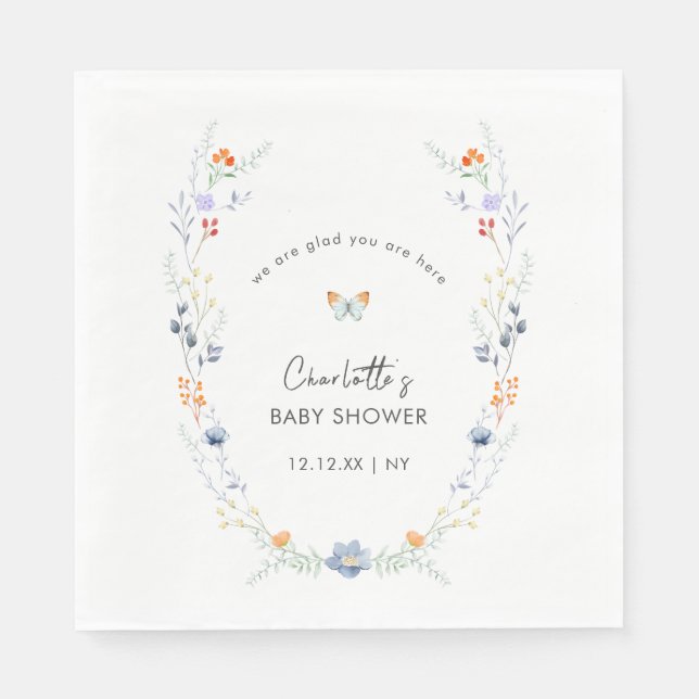 Minimalistisch Boho Butterfly Wildblume Babydusche Serviette (Vorderseite)