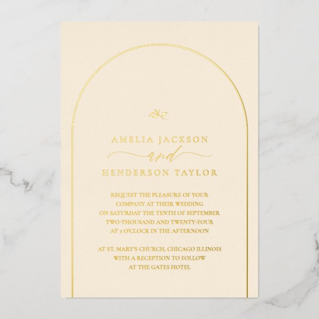 Minimalistisch Boho Cream Arch Wedding Folieneinladung (Vorderseite)