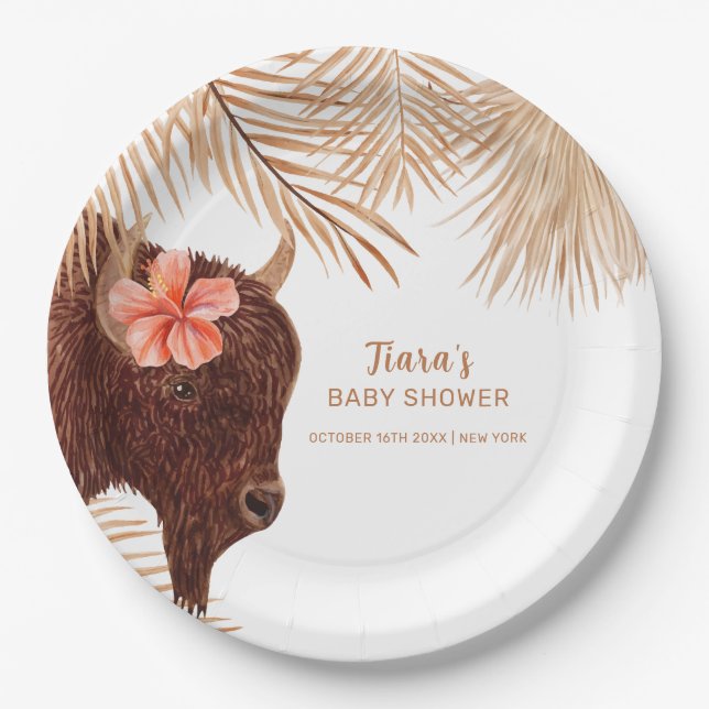 Minimalistisch Boho Floral Holy Cow Girl Babydusch Pappteller (Vorderseite)