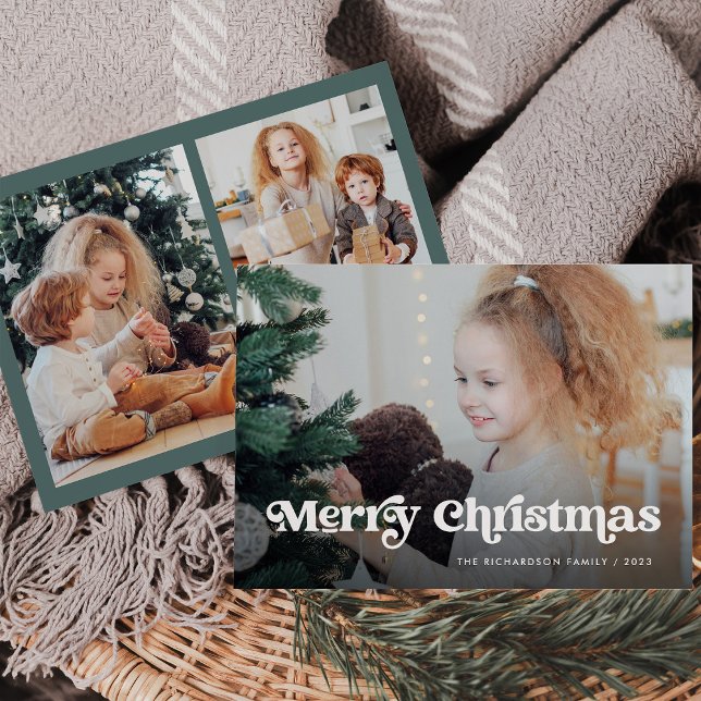 Minimalistisch Boho / Frohe Weihnachten Foto (A trendy, boho multi photo Christmas card in green)