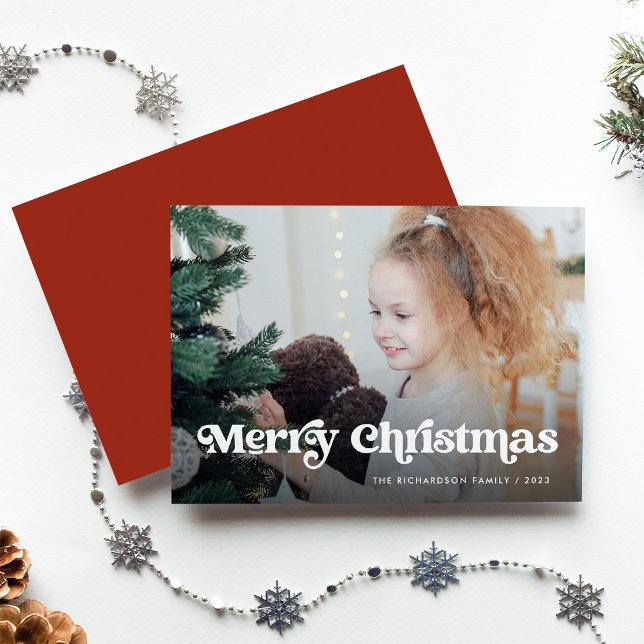 Minimalistisch Boho / Frohe Weihnachten mit Foto (A colorful, boho holiday card that says "Merry Christmas" in whimsical text, with your photo)