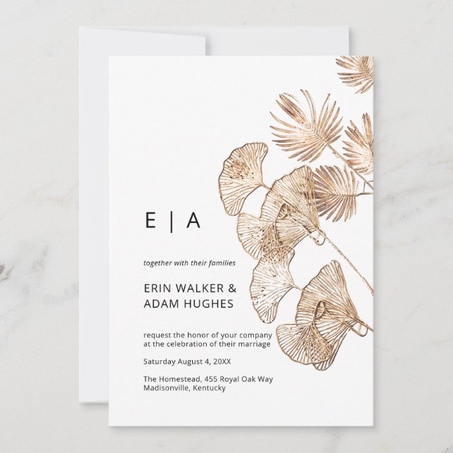 Minimalistisch Boho Gold Ginko & Palm Moderne Hoch Einladung (Vorderseite)