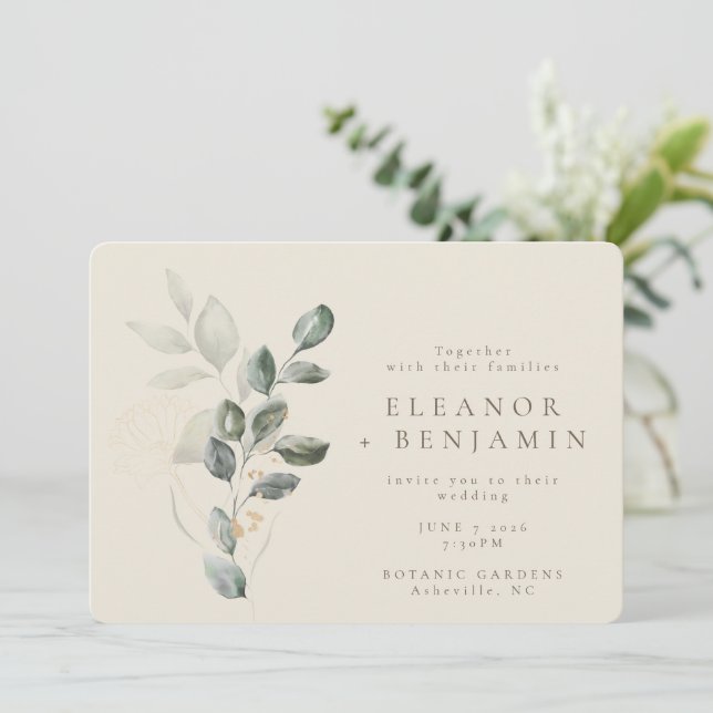 Minimalistisch Boho Green Eukalyptus Botanische Ho Einladung (Stehend Vorderseite)