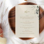 Minimalistisch Boho Green Eukalyptus Botanische Ho Menükarte<br><div class="desc">Dieses wunderschöne Hochzeitsmenü bietet eine boho-Ästhetik mit einem minimalistischen eukalyptus-botanischen Blatt,  moderne Typografie und eine natürliche Bio erdfarbene Farbpalette. Bearbeiten Sie den Text einfach,  um ihn für Ihr Ereignis anzupassen.</div>