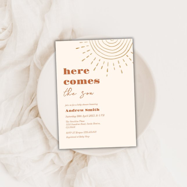Minimalistisch Boho kommt hier die Son Baby Dusche Einladung (Minimalist Boho Here Comes The Son Baby Shower Invitation)