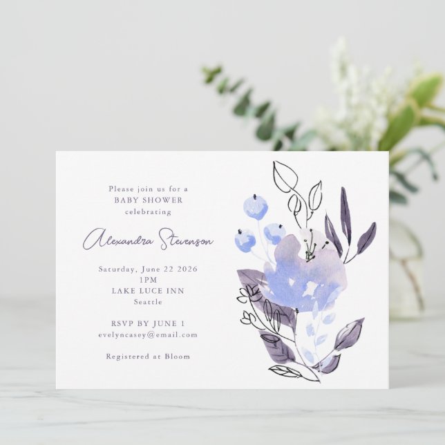 Minimalistisch Boho Lila Floral Baby Dusche Einladung (Stehend Vorderseite)