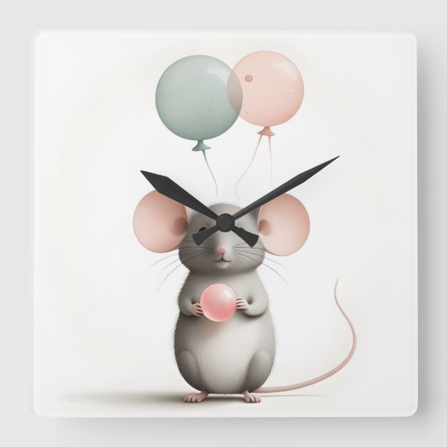 Minimalistisch Boho Maus Ballon Kinderzimmer Kinde Quadratische Wanduhr (Vorderseite)