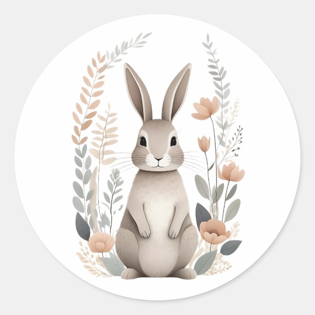 Minimalistisch Boho Niedliches Kaninchen mit Blume Runder Aufkleber (Vorderseite)