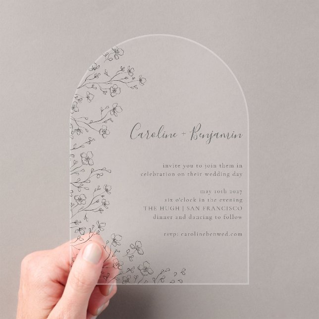 Minimalistisch Boho Schwarz-weiße Blumenhochzeit Acryleinladungen (Insitu (Handheld))