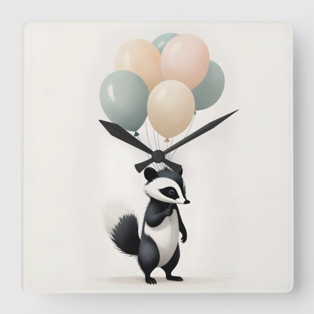 Minimalistisch Boho Skunk Balloons Kinderzimmer Ki Quadratische Wanduhr (Vorderseite)