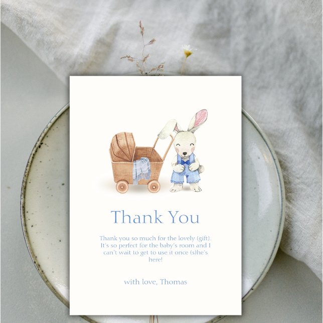 Minimalistisch Boho Stroller Rabbit Boy Babydusche Dankeskarte (Minimalist Boho Stroller Rabbit Boy Baby Shower Thank You Card)