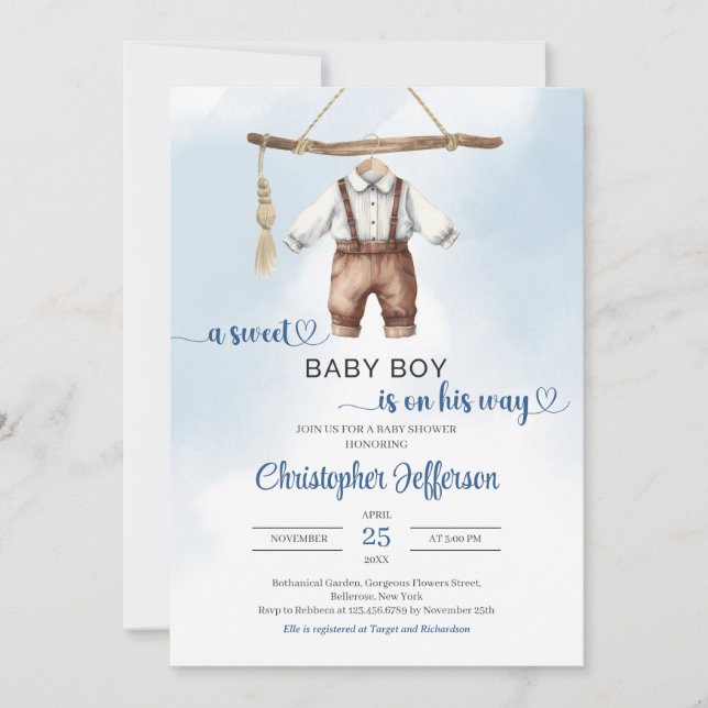 Minimalistisch Boho Sweet Baby Boy Kleidung Babydu Einladung (Vorderseite)