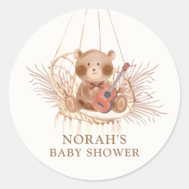 Minimalistisch Boho Teddy Bear Pampas Babydusche Runder Aufkleber (Vorderseite)