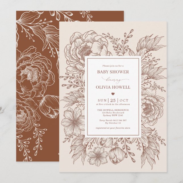 Minimalistisch Boho Terracotta Floral Line Babydus Einladung (Vorne/Hinten)