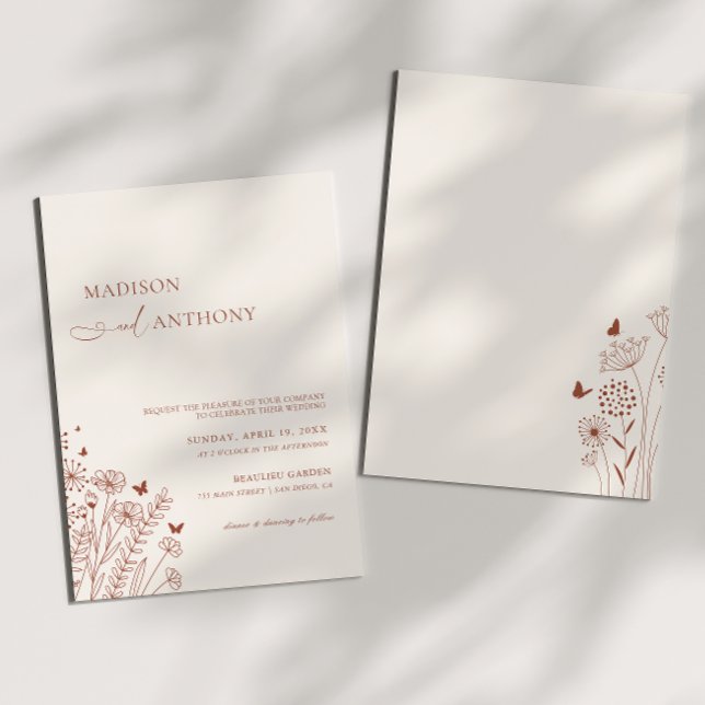 Minimalistisch Boho Terracotta Wildblume Wedding Einladung (Von Creator hochgeladen)