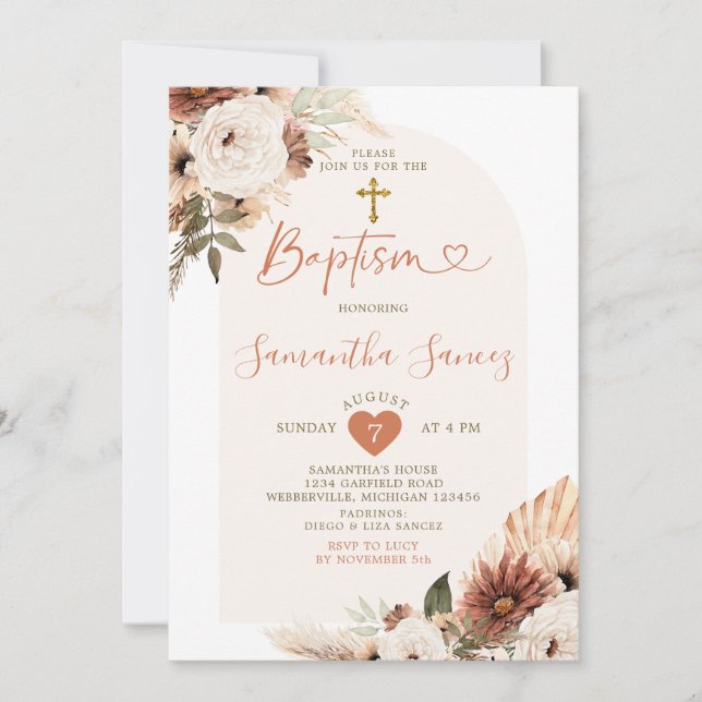 Minimalistisch Boho White Floral Christening Taufe Einladung (Vorderseite)