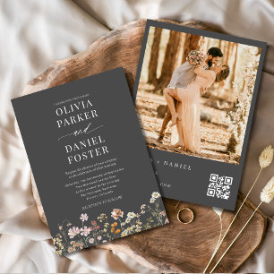 Minimalistisch Boho Wildblume QR Code Foto Hochzei Einladung