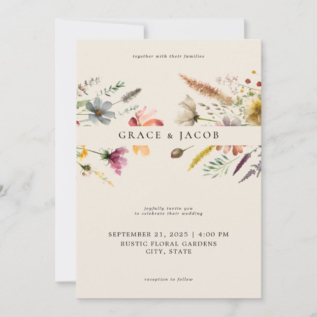 Minimalistisch Boho Wildblume Wedding Einladung (Vorderseite)