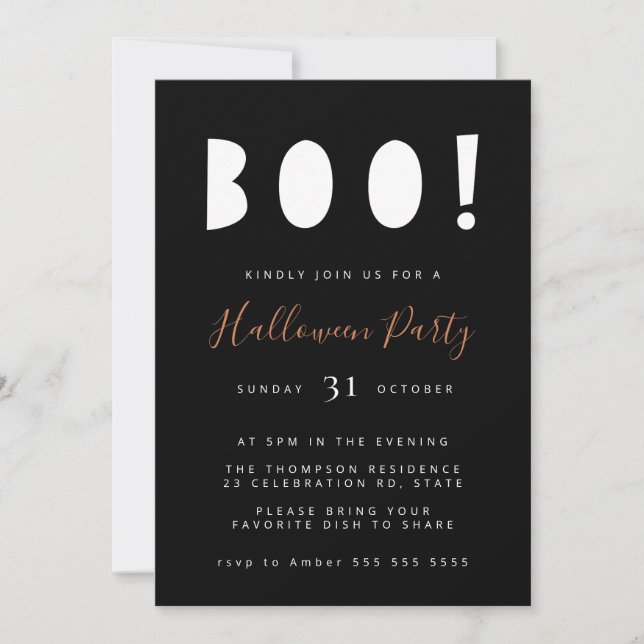 Minimalistisch Boo Halloween Black Party Einladung (Vorderseite)