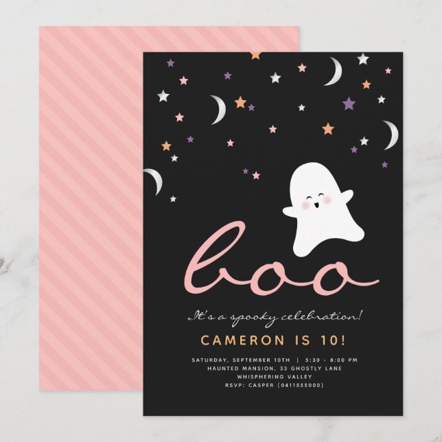 Minimalistisch Boo Niedlich Ghost Halloween Einlad Einladung (Vorne/Hinten)
