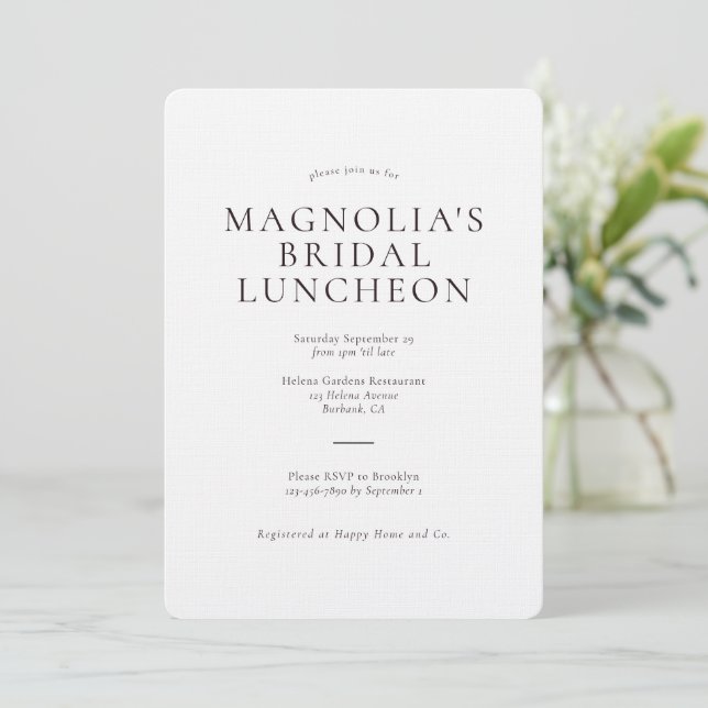 Minimalistisch Bridal Luncheon Luxury Linen Einlad Einladung (Stehend Vorderseite)