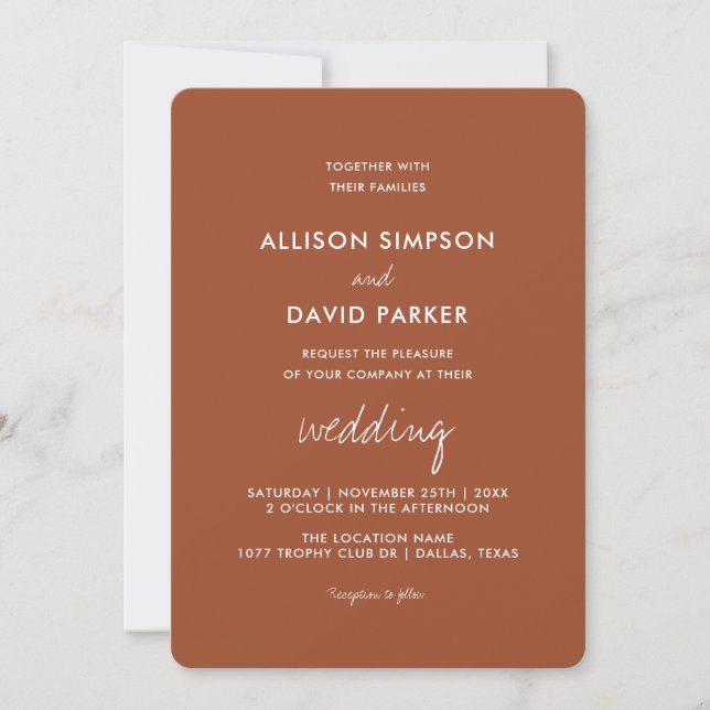 Minimalistisch Burnt Orange Terracotta Wedding Einladung (Vorderseite)