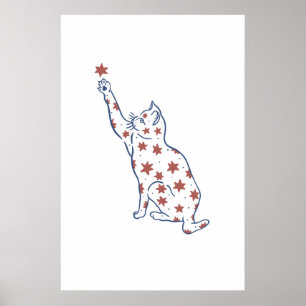 Minimalistisch Cat Reaching Star Print Whimsical N Poster
