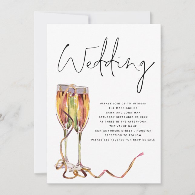 Minimalistisch Champagne Flutes Wedding Einladung (Vorderseite)