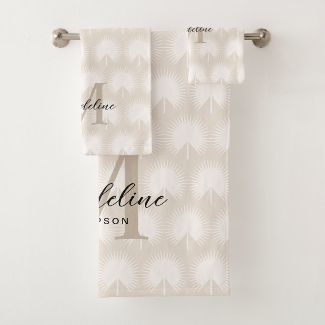Minimalistisch Chic Beige Anahaw Leaf Script Monog Badhandtuch Set (Insitu)
