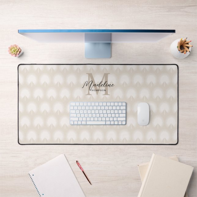 Minimalistisch Chic Beige Anahaw Leaf Script Monog Schreibtischunterlage (Büro 1)