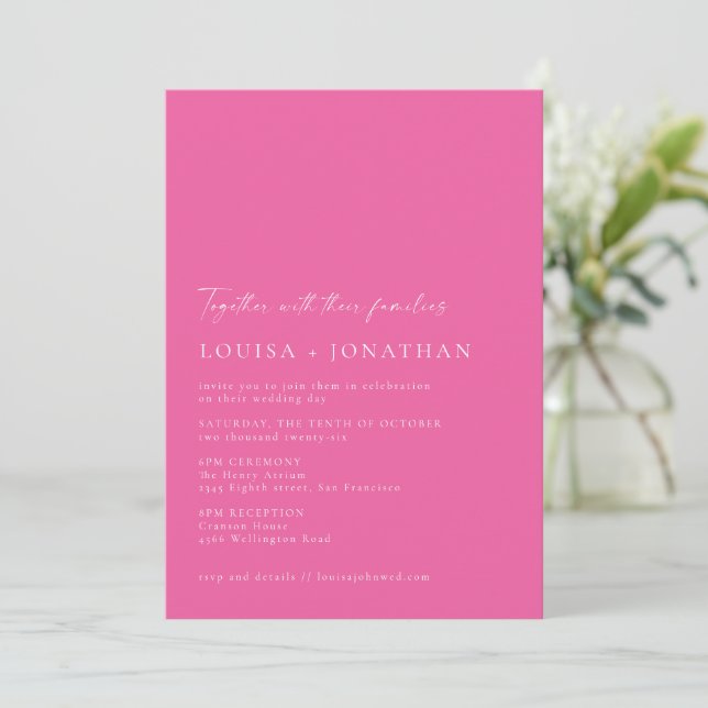 Minimalistisch-Chic-Hot-Pink-Script-Foto-Hochzeit Einladung (Stehend Vorderseite)