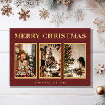 Minimalistisch Classic Christmas Red Three Foto Feiertagskarte<br><div class="desc">Diese minimalistische, klassische Weihnachtskarte mit drei Fotos ist modern und minimalistisch und elegant zugleich. Ob klassischer, traditioneller oder zeitgenössischer Stil mit goldener Typografie auf rotem Hintergrund - hier finden Sie die perfekte Karte, um die Saison zu feiern. Personalisieren Sie Ihre Karten einfach, um einen unvergesslichen Urlaub Gruß zu schaffen. Bestellen...</div>